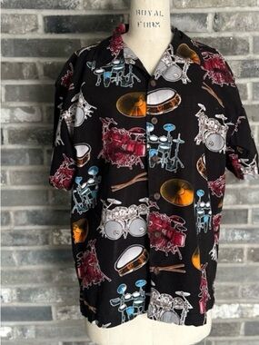 Y2K David Carey Drum Print Button Up Shirt Mens M Black Camp Hawaiian Music